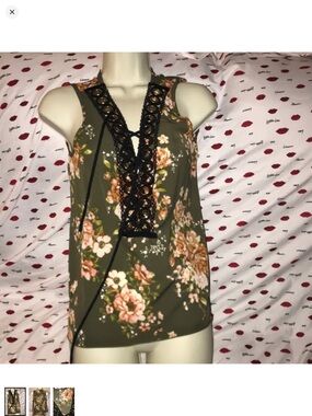 New made Floral Lace-Up Sleeveless Top - Olive Green OS